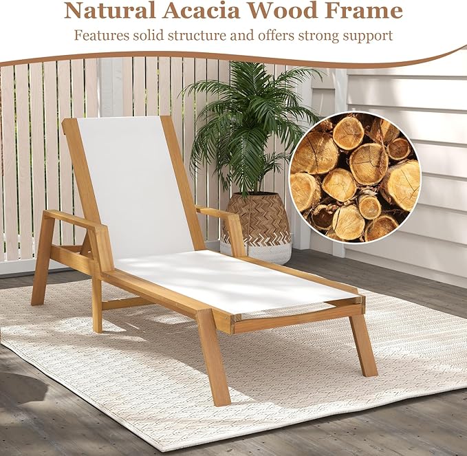 HAPPYGRILL Outdoor Wood Chaise Lounge Set of 2, Patio Tanning Chaise with Adjustable 5-Position Backrest - Photo 7