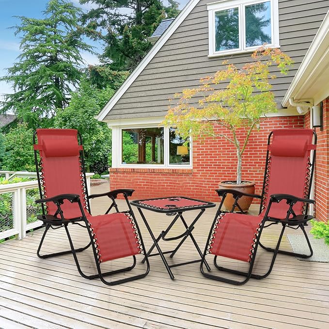 Athena Collection Zero Gravity Outdoor Lounge Chair Set of 2 with Side Table, 25" Width Pool Lounge Lawn Chairs Reclining with Cup Holder, Outdoor Chaise for Beach Patio Backyard Outside, Dark Red