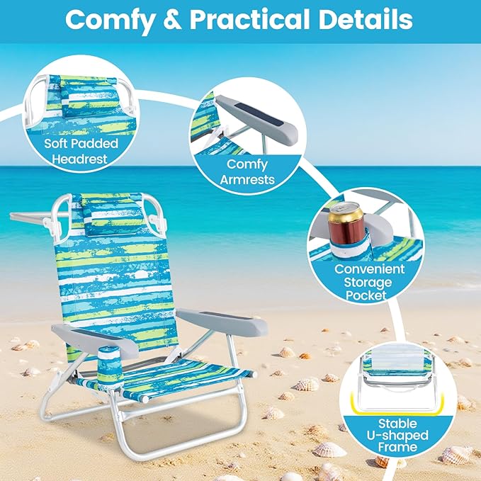 GYMAX Beach Chairs, 4Pcs Folding Camping Chair with Adjustable Backrest, Shoulder Strap, Cup Holder & Headrest, Portable Aluminum Lounger for Tanning, Sunbath, Lawn, Patio (Green, 4 Chairs)