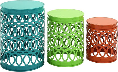 Deco 79 Metal Side End Accent Table Indoor Outdoor Nesting End Table with Carved Trellis Design, Set of 3 Side Table 22", 18", 15"H, Multi Colored
