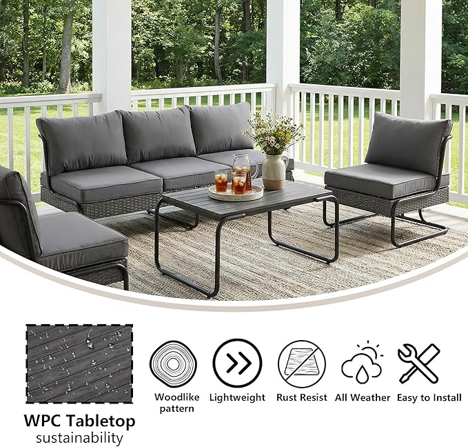 4 Piece Patio Furniture Set, Modern Patio Conversation Set for 5, All Weather Bistro Furniture Set, Metal Patio Sofas Outdoor Sectional with Coffee Table and Cushions for Lawn/Garden, Gray