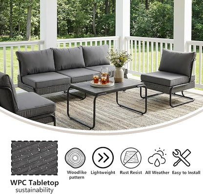 4 Piece Patio Furniture Set, Modern Patio Conversation Set for 5, All Weather Bistro Furniture Set, Metal Patio Sofas Outdoor Sectional with Coffee Table and Cushions for Lawn/Garden, Gray