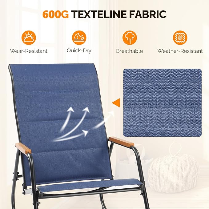 VINGLI Outdoor Rocking Chair, 450lbs Capacity Portable Outdoor Rocker with Footrest, Hard Armrests, Pillow, All Weather Porch Rocker for Garden, Living Room, Patio, Lawn (Blue, Without footrest)