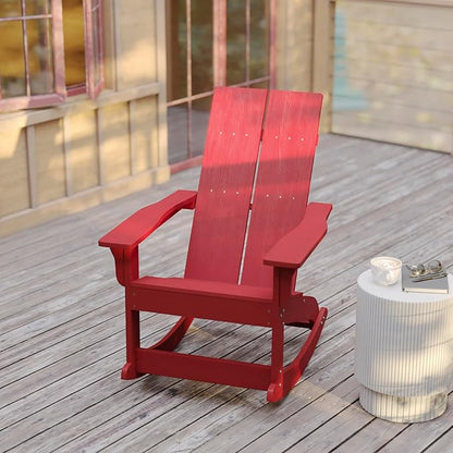 Flash Furniture Finn Modern Commercial Poly Resin Wood Adirondack Rocking Chair - All Weather Red Polystyrene - Dual Slat Back - Stainless Steel Hardware - Set of 2