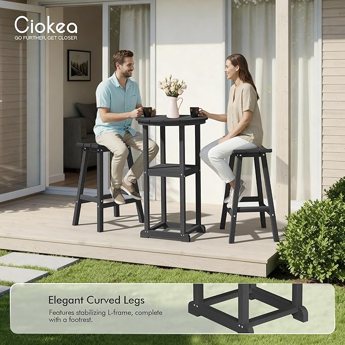 Ciokea 3 Pcs Space-Saving Round Bistro Set, High-Top Outdoor Bar Set with Storage Shelf & 2 Saddle Stools - Photo 5
