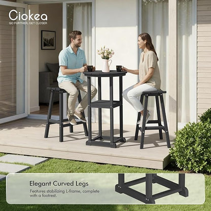 Ciokea 3 Pcs Space-Saving Round Bistro Set, High-Top Outdoor Bar Set with Storage Shelf & 2 Saddle Stools, Compact Patio Furniture for Small Balcony, Porch and Poolside, All-Weather HDPE, Black