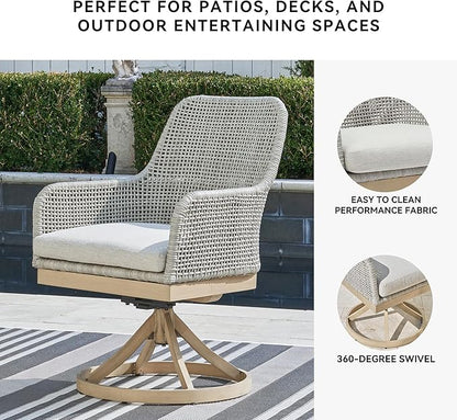 Signature Design by Ashley Seton Creek Cottage Nuvella Weather Resistant Fabric Outdoor Swivel Dining Chair with Cushion, Set of 2, Light Brown & Light Gray
