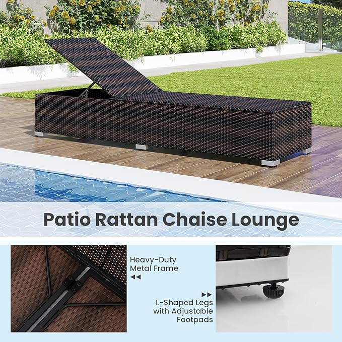 Tangkula Outdoor Chaise Lounge, Patio Wicker Lounge Chair w/ 4-Level Backrest, Heavy-Duty Metal Frame, Outside Rattan Reclining Chair w/Long Seat Cushion for Backyard, Poolside