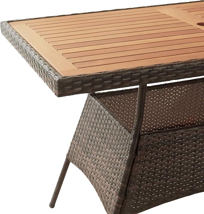 Teamson Home Outdoor PE Rattan Dining Set for Four, Removable Water-Resistant Cushions, Acadia Wood-Slated Table Top for Patios, Decks, Gardens, Poolside, or Sunrooms, Brown and Gray