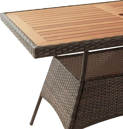 Teamson Home Outdoor PE Rattan Dining Set for Four, Removable Water-Resistant Cushions, Acadia Wood-Slated Table Top for Patios, Decks, Gardens, Poolside, or Sunrooms, Brown and Gray