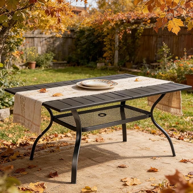 VINGLI 59" Rectangle Patio Table for 6, Metal Outdoor Dining Table with Umbrella Hole - Photo 7