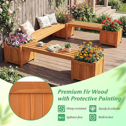 HAPPYGRILL 2-in-1 Outdoor Bench with 2 Raised Garden Beds, 2 Person Patio Bench with Teak Oil Finish, Open-Ended Base, Wooden Garden Bench for Flowerpots, Indoor Patio Yard Porch Decoration (1)