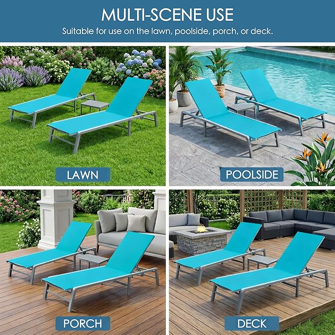 Kozyard Outdoor Foldable Lounge Chair, Aluminum Frame Patio Lounger with 5-Position Adjustable Backrest, Breathable Textilene Fabric, Assemble-Free, Reclining Full-Flat Poolside(Aqua)
