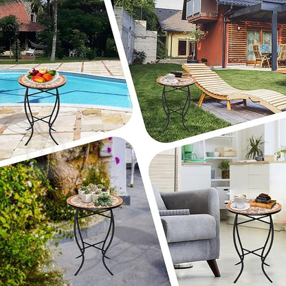 VCUTEKA Mosaic Side Table, 21" Round End Table with 14" Ceramic Tile Top, Patio Accent Table Indoor and Outdoor End Table for Yard, Garden, Living Room, Bistro Balcony or Lawn Golden Sun