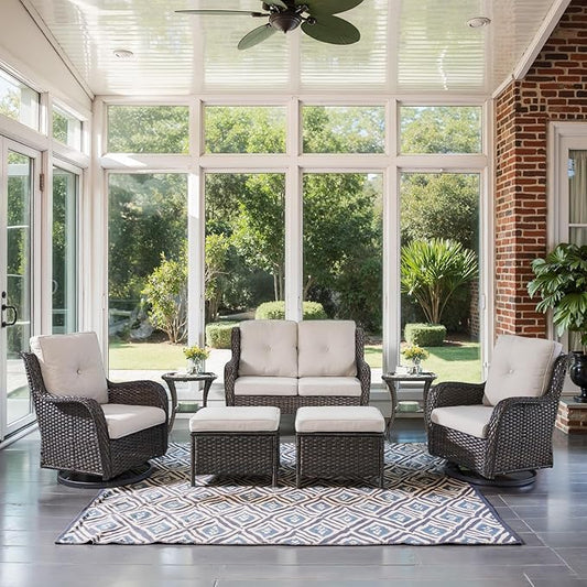 Belord 7 Piece Wicker Patio Furniture Set, Outdoor Swivel Rocker Chairs Set of 2 with Ottomans and Loveseat, All Weather Patio Conversation Furniture Set, for Pool,Yard,SunroomBrown Wicker/Beige