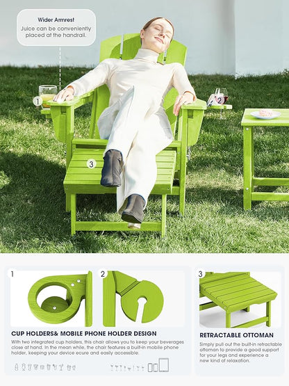 KINGYES Folding Adjustable Adirondack Chair with Ottoman & 2 Cup Holders Set of 2, HDPE Adirondack Recliner Chair with Footrest, Apple