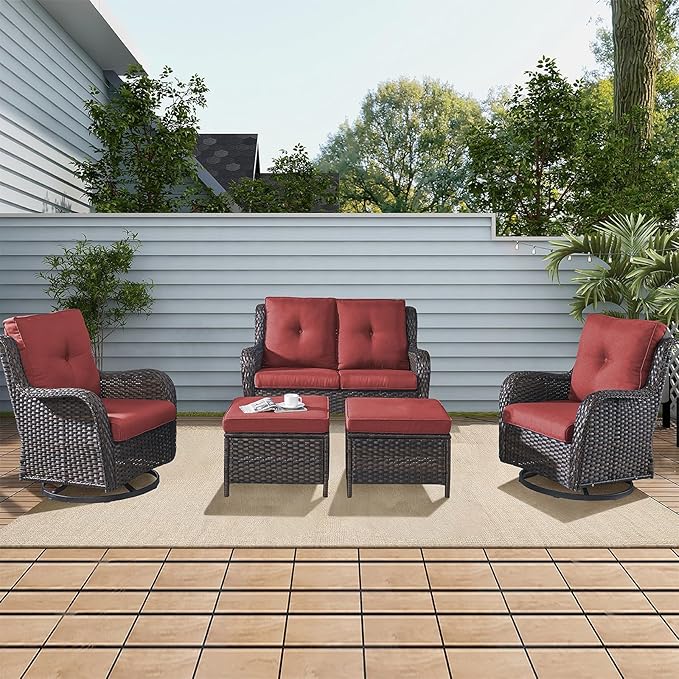 Rilyson Wicker Patio Furniture Set - 5 Piece Rattan Outdoor Sectional Conversation Sets with 2 Rocking Swivel Chairs - Photo 7