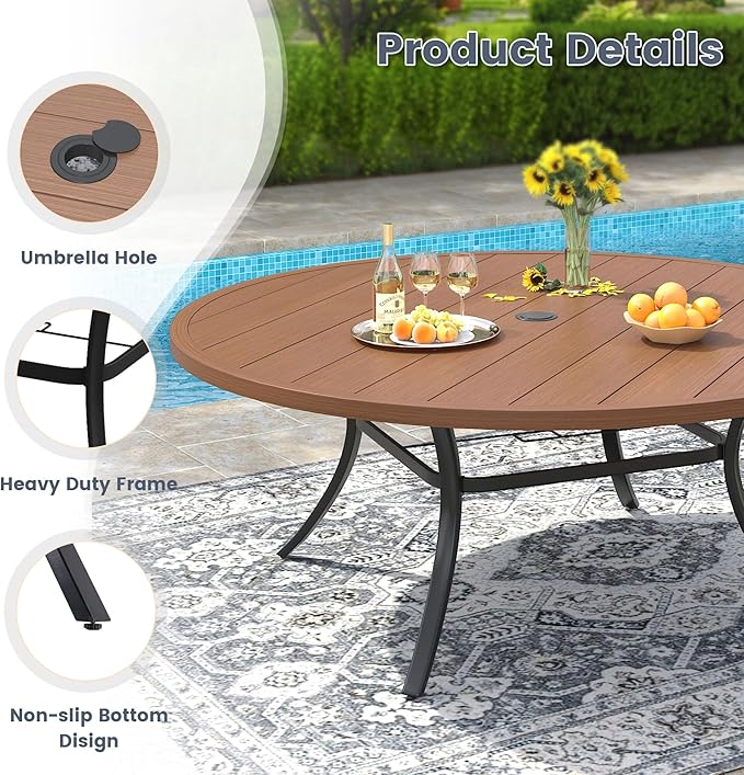 VICLLAX 60" Outdoor Round Patio Dining Table for 8-10, All Weather Metal Dining Table with Umbrella Hole for Deck Lawn Garden Backyard, Walnut