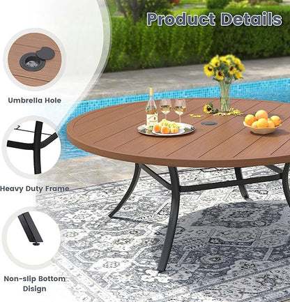 VICLLAX 60" Outdoor Round Patio Dining Table for 8-10, All Weather Metal Dining Table with Umbrella Hole for Deck Lawn Garden Backyard, Walnut