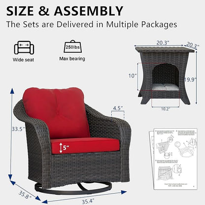 Wicker Swivel Rocking Chairs Set 2 with Storage Side Table - Outdoor Brown Wicker Swivel Glider Chair Outdoor Rocking Chair with Water-Resistant Cushions, Red