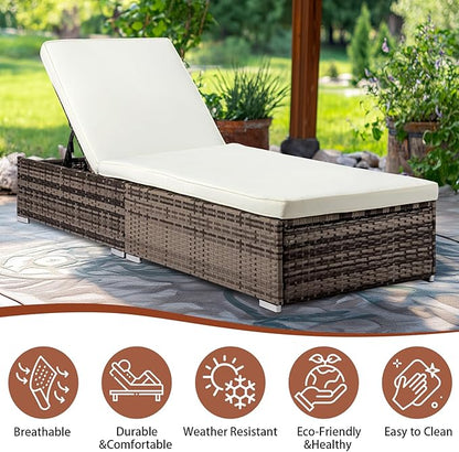 VINGLI Outdoor Chaise Lounge, Wicker Recliner w/Adjustable Backrest, Thick Water Repellent Cushions, Patio Rattan Lounge Chairs for Lawn, Beach, Balcony, Poolside (Grey)