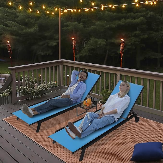 YITAHOME Outdoor Chaise Lounge Chairs Set of 3, Pool Loungers with Side Table, 5-Position Adjustable Backrest,Textile Fabric, and Wheels for Pool Beach Patio Lawn Porch - Blue