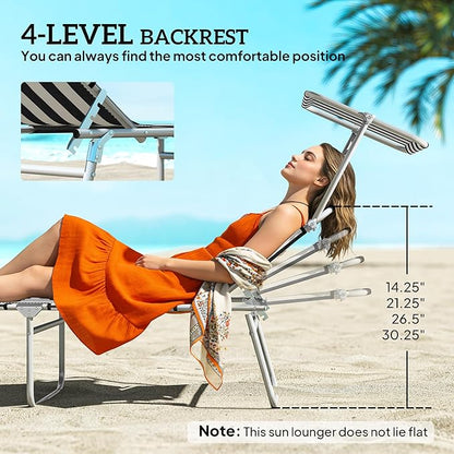 Outsunny Outdoor Lounge Chair, Adjustable Folding Chaise Lounge, Tanning Chair with Sun Shade for Beach, Camping, Hiking, Backyard, Black and White