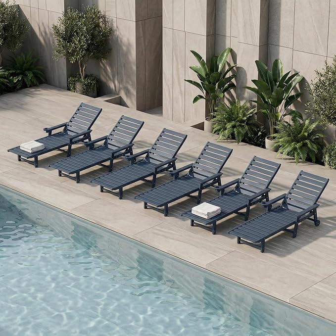 5-Position Adjustable Lounge Chair Outdoor Set of 6, HDPE Outdoor Chaise Lounge with Cup Holder & Wheels, Pool Lounge Chairs for Poolside, Beach, Deck, Navy Blue