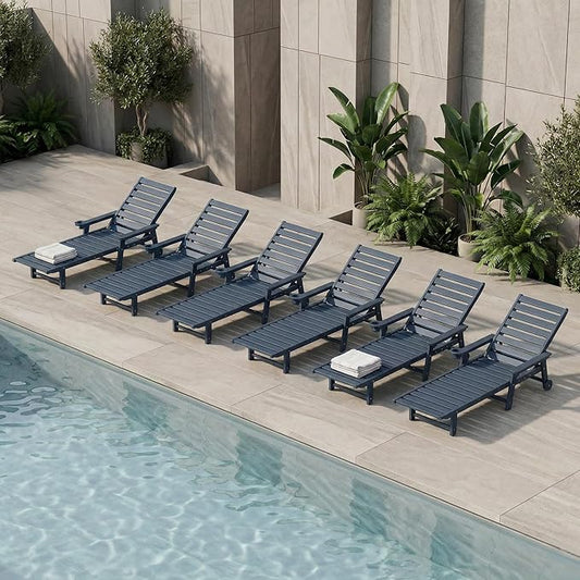 5-Position Adjustable Lounge Chair Outdoor Set of 6, HDPE Outdoor Chaise Lounge with Cup Holder & Wheels, Pool Lounge Chairs for Poolside, Beach, Deck, Navy Blue