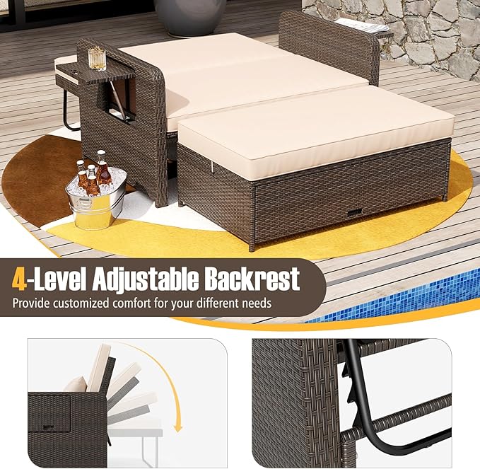 S AFSTAR Outdoor Daybed with Storage Ottoman, Wicker Chaise Lounge Chair with Cushions, Adjustable Backrest & 2 Retractable Trays, Patio Rattan Daybed Loveseat Sofa for Poolside Backyard