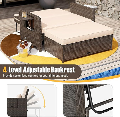 S AFSTAR Outdoor Daybed with Storage Ottoman, Wicker Chaise Lounge Chair with Cushions, Adjustable Backrest & 2 Retractable Trays, Patio Rattan Daybed Loveseat Sofa for Poolside Backyard