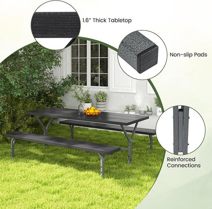 Giantex 6FT Picnic Table Bench Set Outdoor Camping All Weather Metal Base Wood-Like Texture Backyard Poolside Dining Party Garden Patio Lawn Deck Furniture Large Camping Picnic Tables for Adult, Black