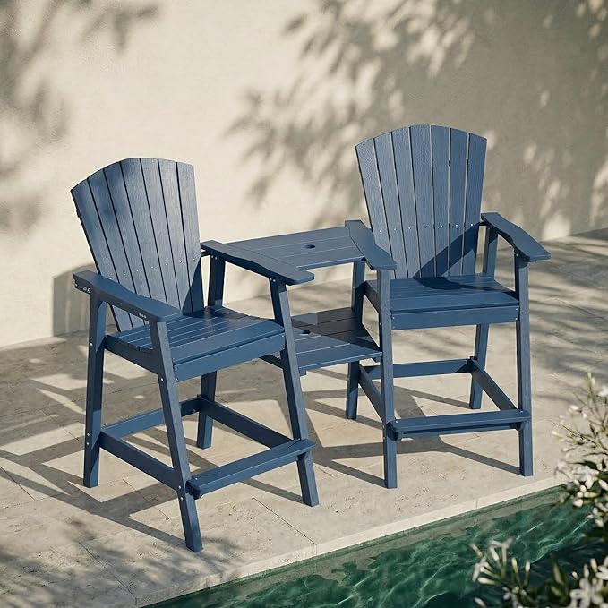 Kingdura Upgraded Tall Adirondack Chairs Set of 2, Weather Resistant HDPE Bar Height Outdoor Stools with Removable Double Connecting Trays, Wooden Grain for Patio, Balcony, Deck (Navy Blue)