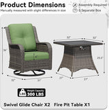 3 Pieces Outdoor Wicker Patio Furniture Set with Fire Pit Table, Swivel Rocker Patio Chairs Set with Thickened Cushions - Photo 2
