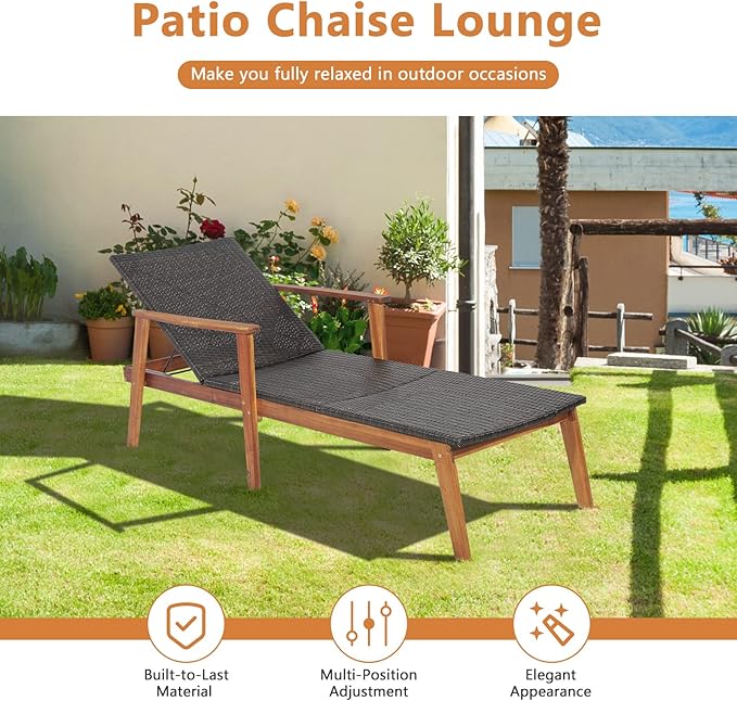 HAPPYGRILL 2PCS Patio Chaise Lounge Chair, Outdoor Rattan Recliner with 4-Level Adjustable Backrest, Solid Acacia Wood Frame, Ergonomic Lounge Chair for Backyard Poolside Balcony