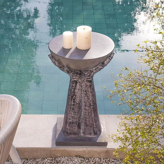 COSIEST Set of 2 Outdoor Side Table, Two Hands-Shaped Base w Round Top Accent Table, Lightweight Plant Stand, Concrete Finish