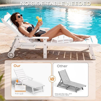 Pool Lounge Chairs Set of 2, 6.3ft Full-Length Patio Pool Lounge Chairs,5-Position Adjustable Backrest (Flat Recline), Flip-Down Side Tray,HIPS All-Weather for Poolside, Deck,Backyard, Beach