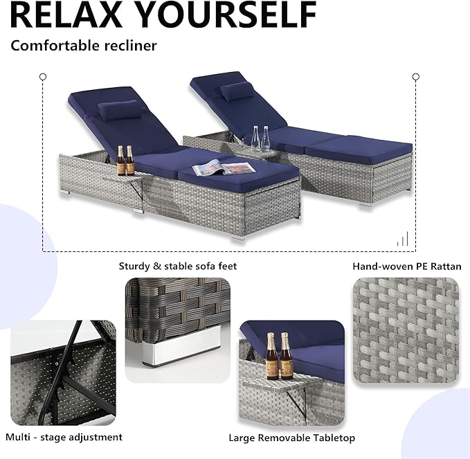Outdoor Chaise Lounge Chair Set of 2 Wicker Pool Lounge Chairs Tanning Lounges for Outside Lawn Sunbathing Chairs with - Photo 4