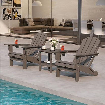 Grey 6-Piece Folding Adirondack Chair Set with Cup Holders, Ottomans, Side Table & Beige 11FT Cantilever Umbrella with Base, HDPE Outdoor Chairs