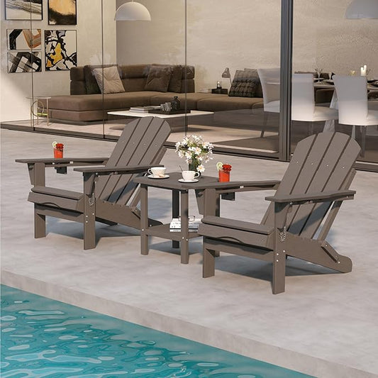Grey 6-Piece Folding Adirondack Chair Set with Cup Holders, Ottomans, Side Table & Beige 11FT Cantilever Umbrella with Base, HDPE Outdoor Chairs