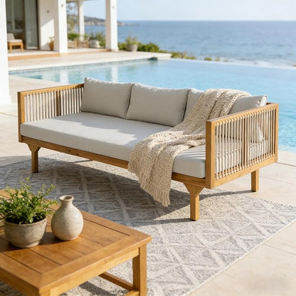 Merax Acacia Wood Outdoor Patio Loveseat Sofa w/Coushion and & Light Brown Rope, 3-Seater Sofa Daybed for Backyard, Lawn, Deck, Balcony, Water Repellent Fabric, 600 lbs Capacity,Teak +Light Gray
