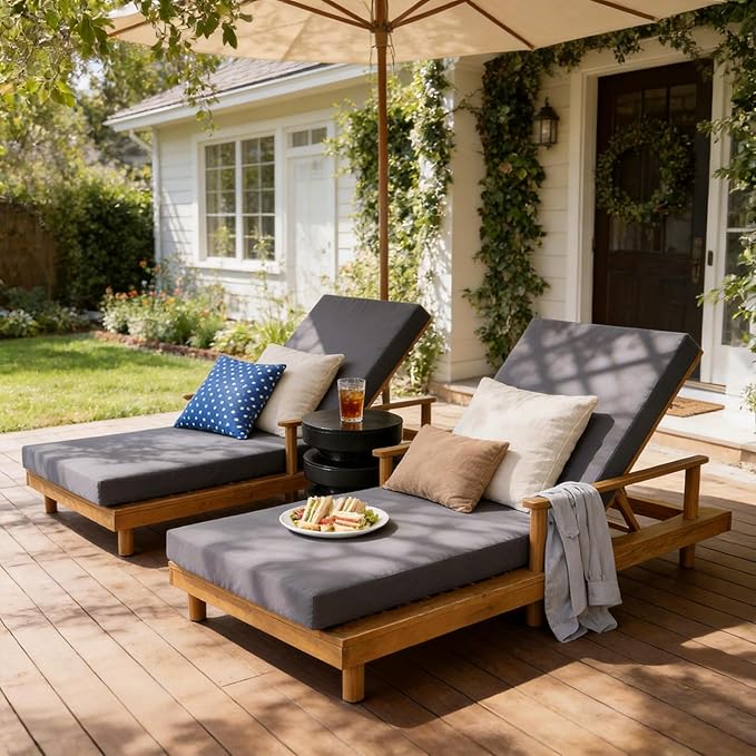 Merax Acacia Wood Outdoor Chaise Lounge Chair Set of 2, 3-Position Adjustable Back & 4" Thick Removable Dark-Grey Cushion, 400lbs Capacity, Modern Large Patio Sun Lounger for Patio Garden Pool