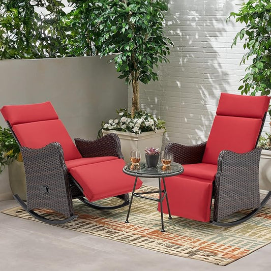 HOMREST Outdoor Recliners for Patio Set of 2, Wicker Rocking Chairs with Extended Footrest & Removable Cushion, Porch Balcony Lounges for Porch Garden,Burgundy