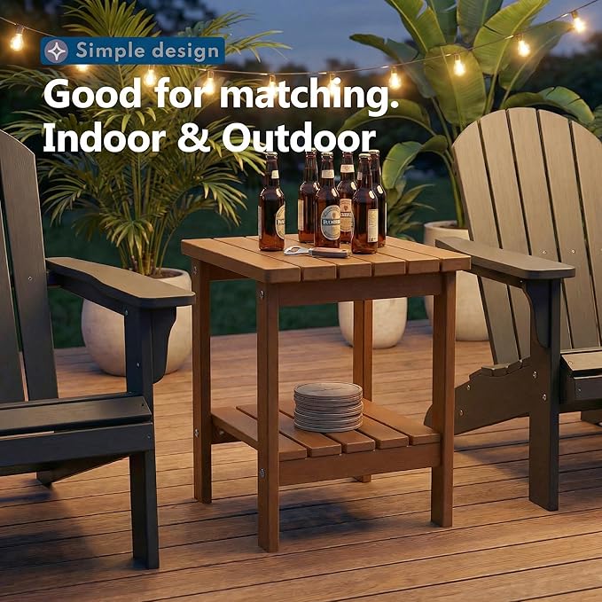 PASAMIC 2-Tier Adirondack Square Outdoor Side Table, HDPE Small Outdoor Table, Patio End Table for Patio, Pool, Backyard, Weather-Resistant (Brown)