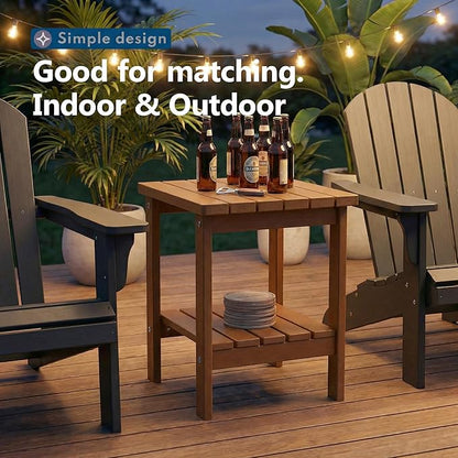 PASAMIC 2-Tier Adirondack Square Outdoor Side Table, HDPE Small Outdoor Table, Patio End Table for Patio, Pool, Backyard, Weather-Resistant (Brown)