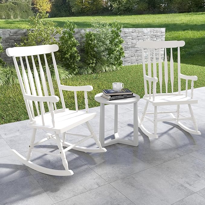 Tangkula Patio Rocking Chair Solid Rubber Wood, Outdoor Porch Rocker Chair with Rubber Wood Frame, Indoor Wooden Rocking Chair, Ideal for Garden, Backyard & Balcony (1, White)