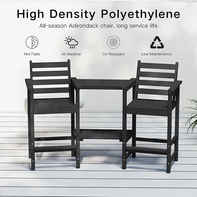Kingdura Tall Adirondack Chairs Set of 2, Weather Resistant HDPE Bar Height Outdoor Stools with Removable Double Connecting Trays, Wooden Grain for Patio, Balcony, Deck (Black)