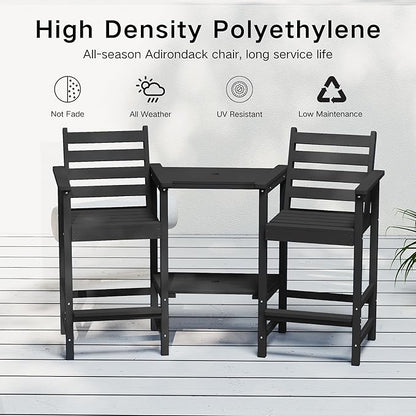 Kingdura Tall Adirondack Chairs Set of 2, Weather Resistant HDPE Bar Height Outdoor Stools with Removable Double Connecting Trays, Wooden Grain for Patio, Balcony, Deck (Black)