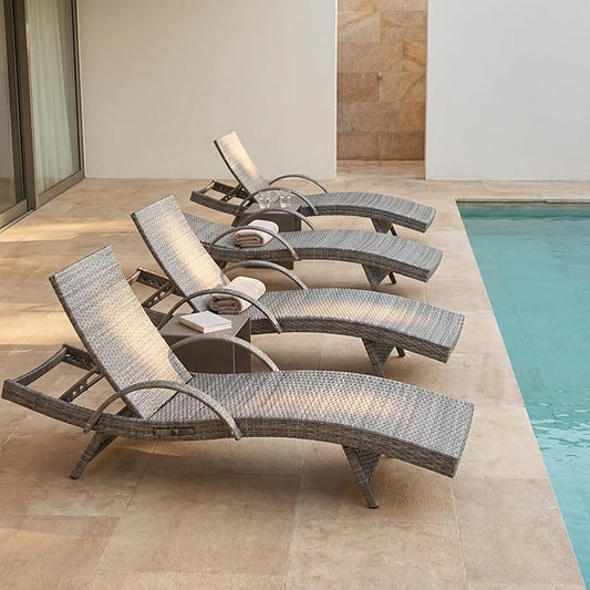 Set of 4 Gray Outdoor Chaise Lounge Chairs, Wicker Patio Lounge Chairs with Adjustable Backrest and Armrests, Durable PE Rattan Pool Chair for Patio, Poolside and Garden