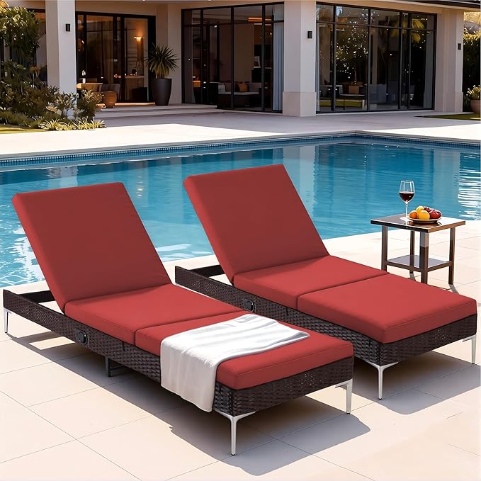 HOMREST Outdoor Lounge Chairs Set of 4, Patio Wicker Chaise Lounge with Removable Cushion, Rattan Pool Sunbathing Recliners with Adjustable Backrest (Burgundy)